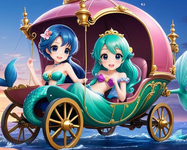 Mermaids in a whimsical ocean carriage at sunset