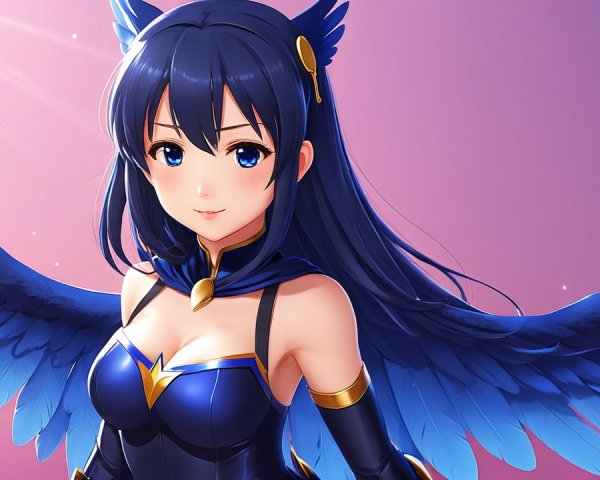 Anime Character with Blue Hair and Majestic Wings