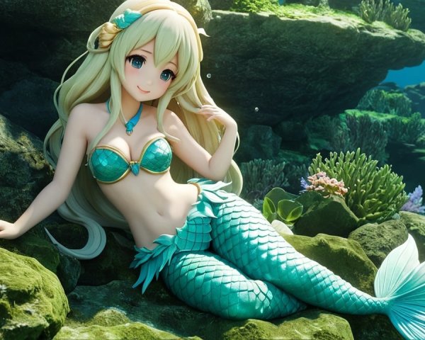 Mermaid on Rocky Underwater Surface with Coral Scenery