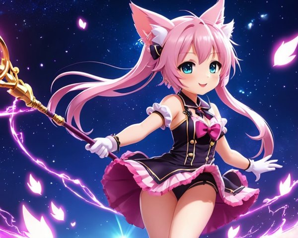 Vibrant Anime Character with Pink Hair and Cat Ears