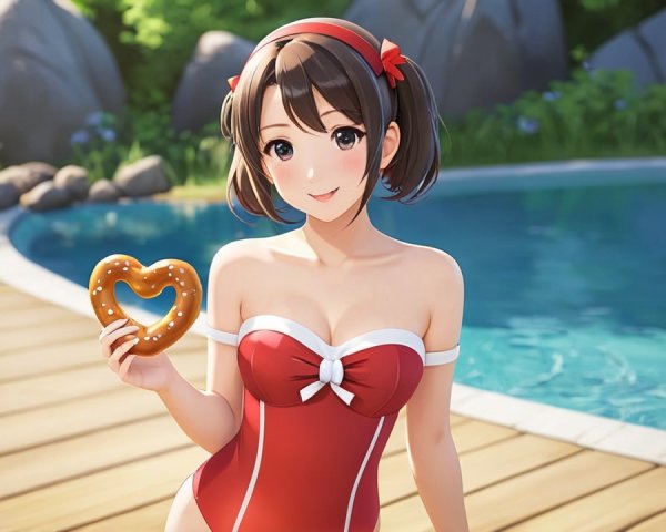 Girl in Red and White Swimsuit by Pool with Donut