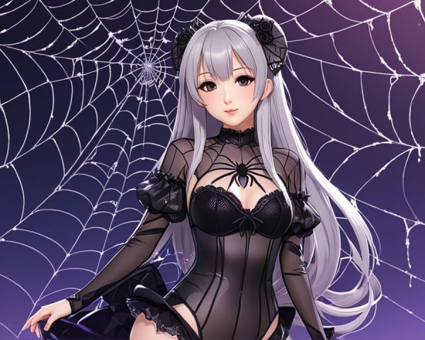 Character with Silver Hair in Black Lace Outfit