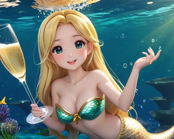 Cheerful mermaid in vibrant underwater celebration scene