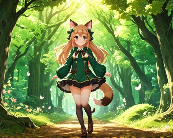 Cheerful girl with fox features in a sunlit forest