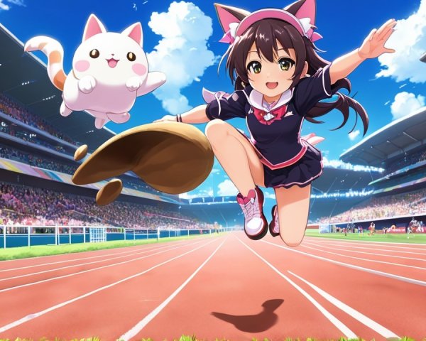 Anime Girl with Cat Ears on a Racetrack with Cat