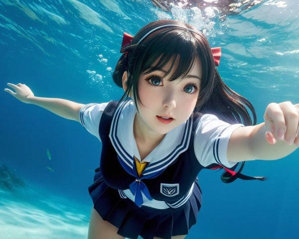 Underwater Scene with a Girl in School Uniform