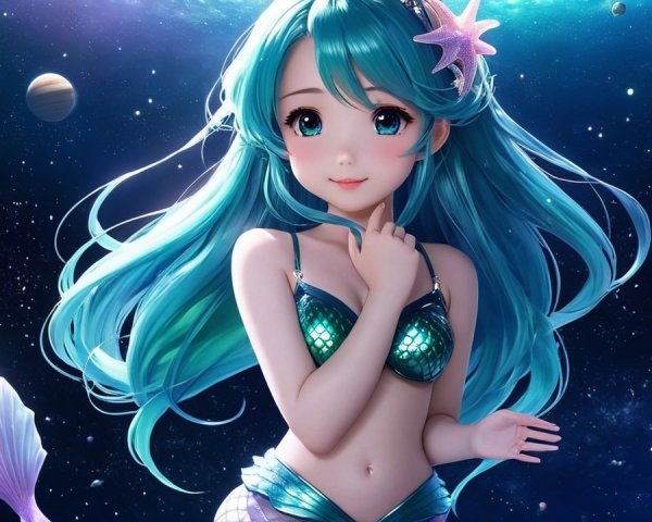 Whimsical Mermaid Against Cosmic Planetary Backdrop