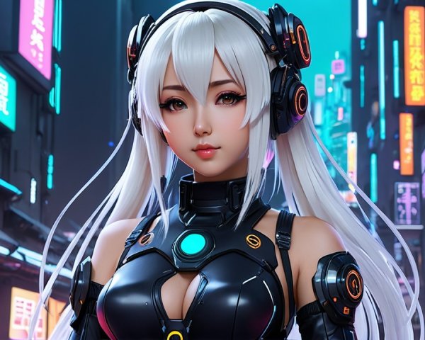 Futuristic character in neon-lit cyberpunk cityscape