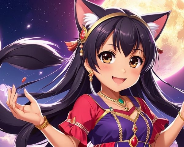 Anime Character with Cat Ears in Moonlit Scene