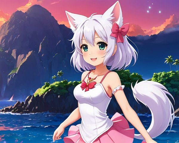 Cheerful Anime Character at Sunset by the Shore