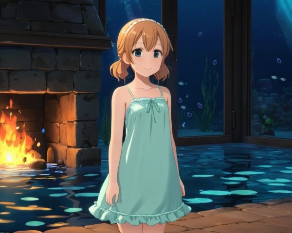 Young girl in cozy room with underwater view