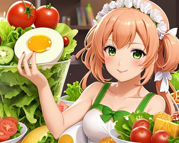 Cheerful Anime Girl Surrounded by Fresh Produce