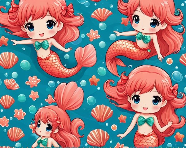 Chibi-style Mermaids with Colorful Underwater Elements