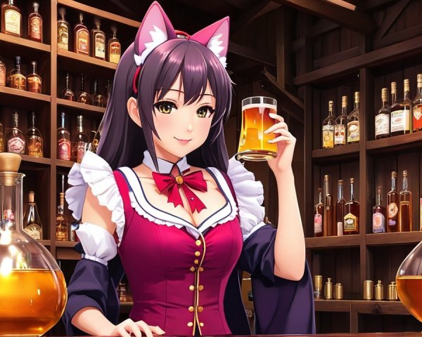 Cheerful anime character in cozy tavern setting