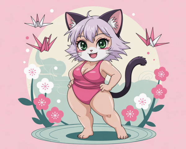 Anime Cat Girl in Pink Swimsuit Surrounded by Flowers