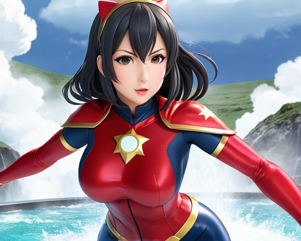 Female superhero in red and blue costume by waterfalls