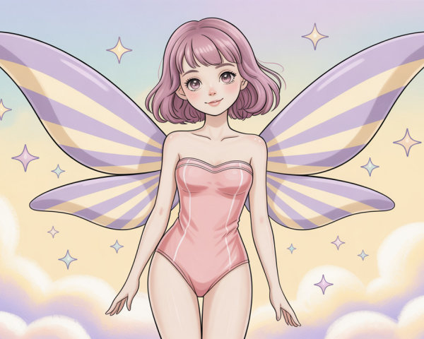 Pink-haired fairy with striped wings in pastel clouds
