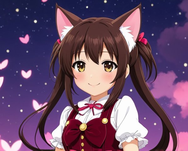 Cheerful Anime Character with Cat Ears and Pigtails