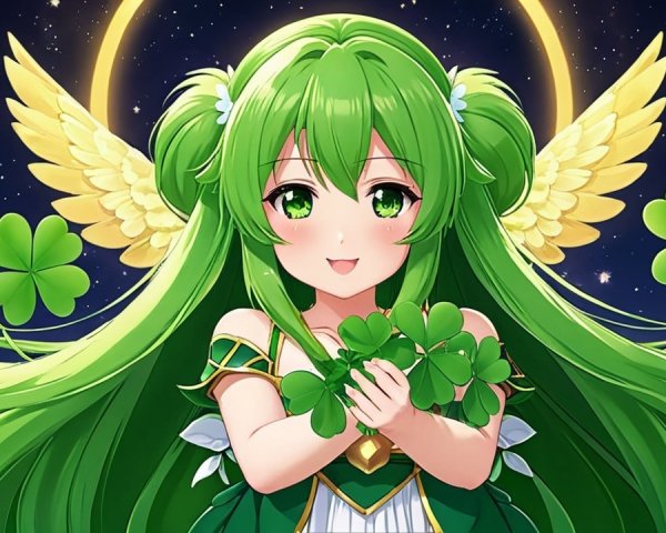 Whimsical Anime Character with Green Hair and Wings