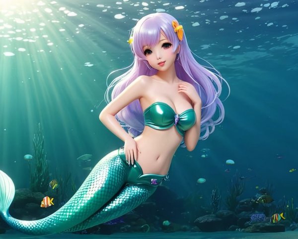 Mermaid in Vibrant Underwater Scene with Coral and Fish