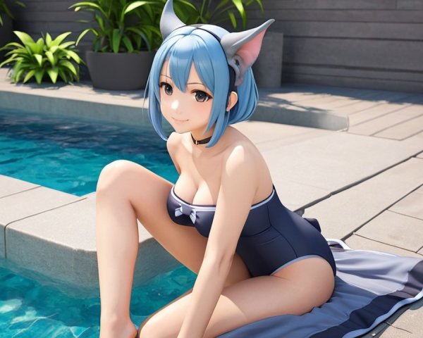 Character with blue hair by a pool in a swimsuit