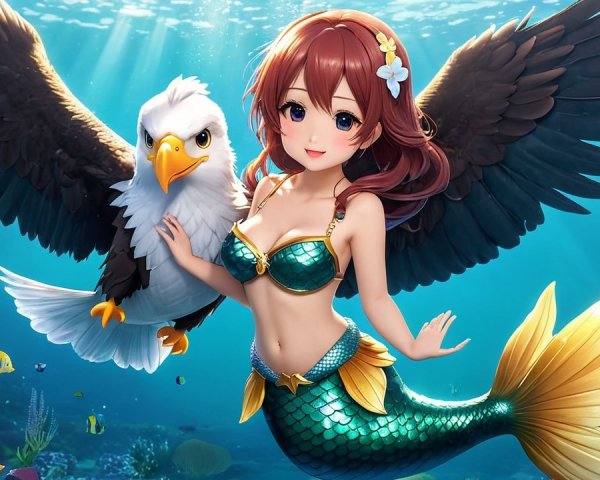 Underwater Scene with Mermaid and Eagle in Coral Reef