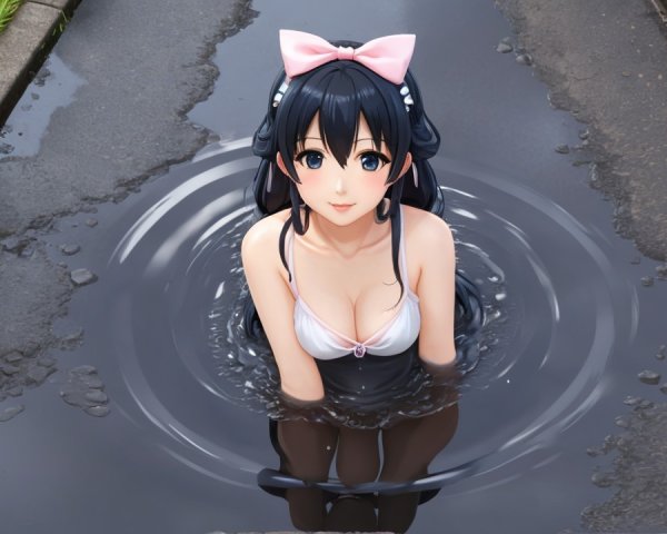 Young Woman Playfully Sitting in Urban Puddle