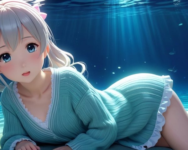 Young woman in pale blue sweater underwater with fish