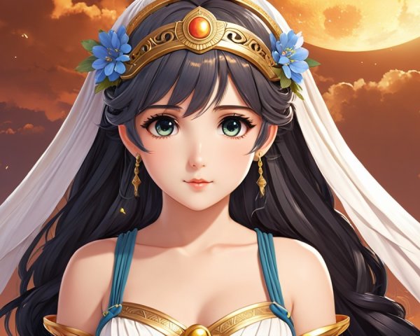 Character with Black Hair and Gown Under Moonlight