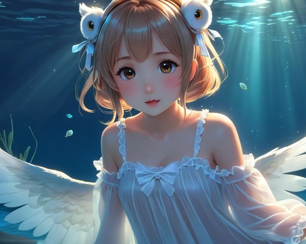Whimsical Underwater Scene with Angel-Winged Girl