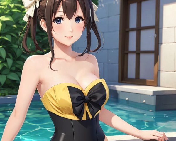 Character in Black and Yellow Swimsuit by Poolside