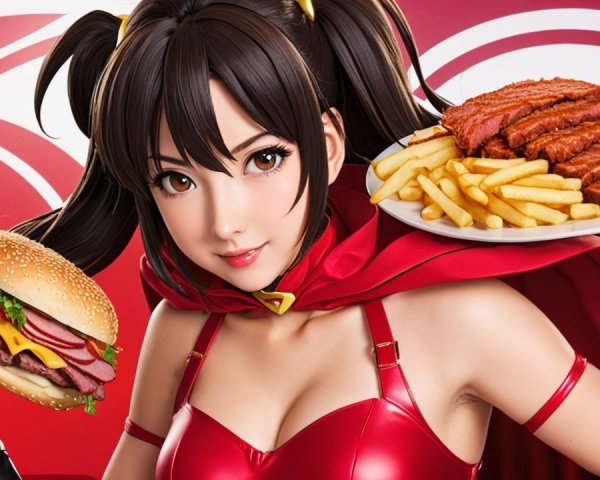 Stylized superhero character with burger and fries