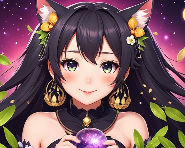 Character with Black Hair, Cat Ears, and Purple Orb