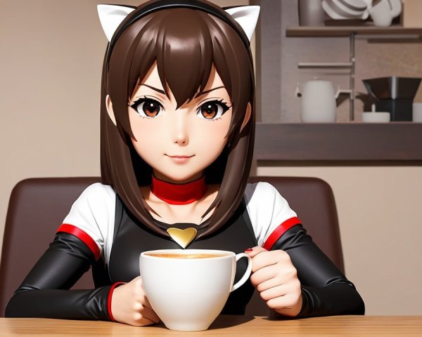 Anime Character in Cafe with Coffee and Cat Ears