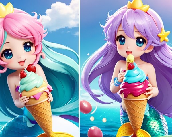 Cartoon Mermaids with Ice Cream by the Ocean