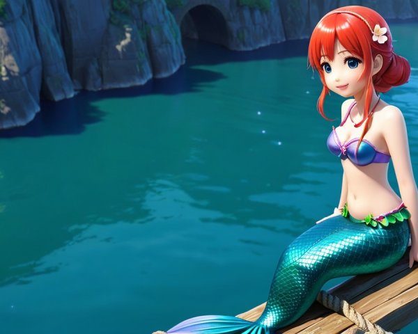 Vibrant Mermaid on Dock with Ocean Background