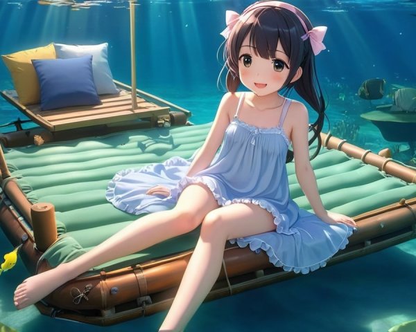 Young girl in blue dress on bamboo raft underwater