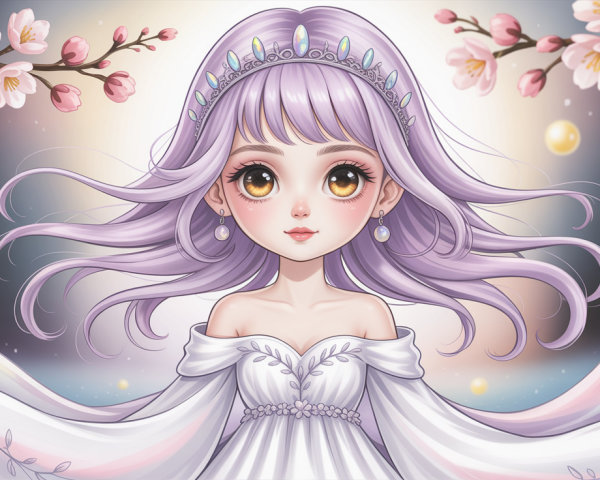 Close-Up Illustration of a Chibi Princess with Lilac Hair