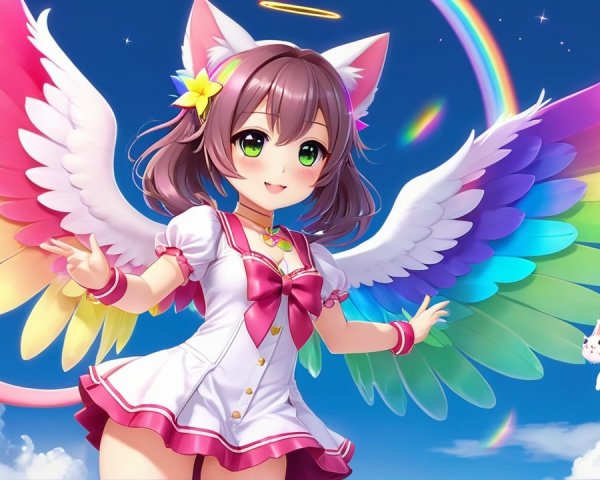 Cheerful anime girl with cat ears and rainbow wings
