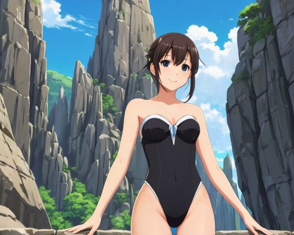 Young Woman in Black Swimsuit on Rocky Platform