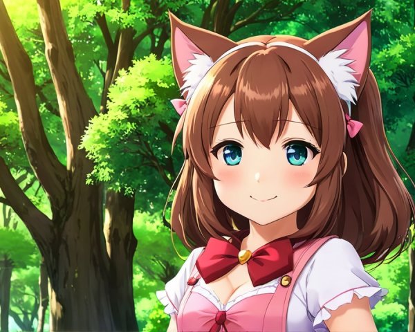 Cheerful anime girl with cat ears in a forest setting