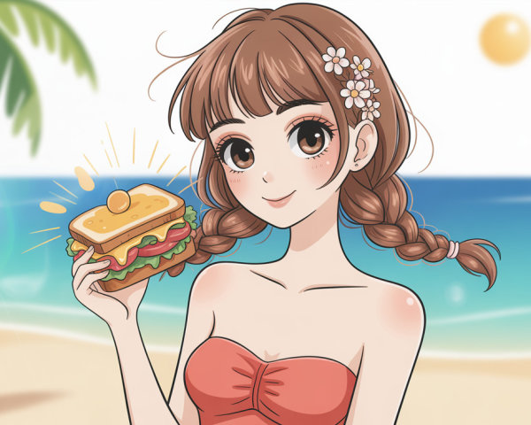 Anime Character at Beach with Sandwich and Palm Tree