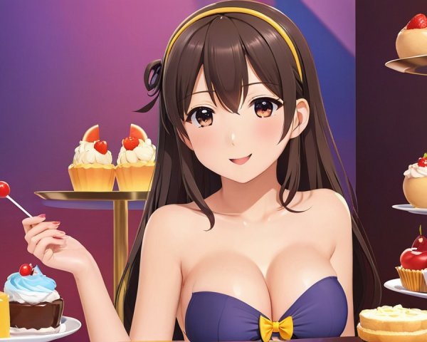 Cheerful anime character with desserts and lollipop