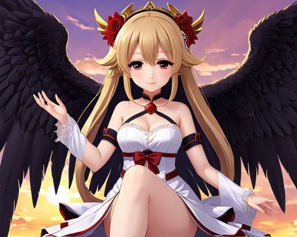 Fantastical character with wings and sunset backdrop
