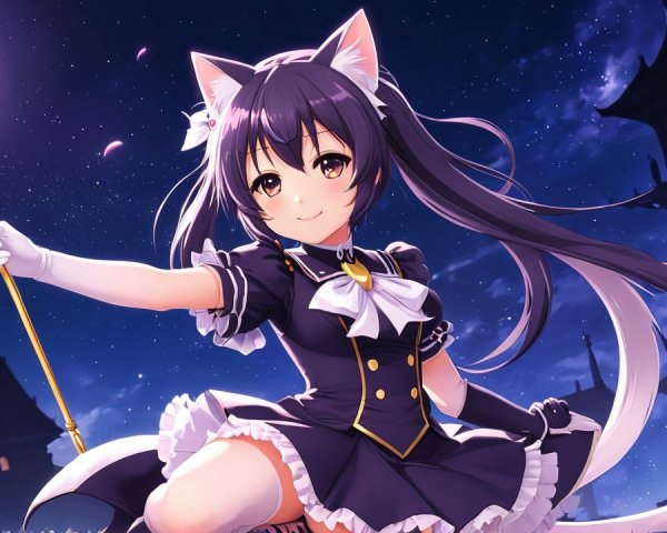 Cheerful anime character with cat ears at night