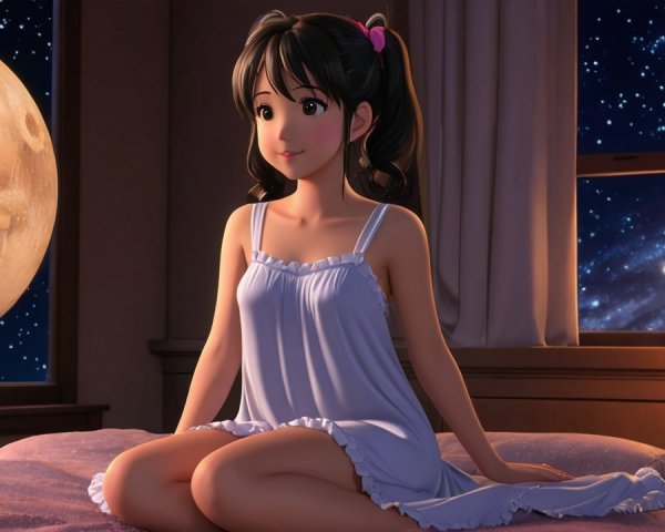 Cozy Room with Girl, Plush Bed, and Starry View