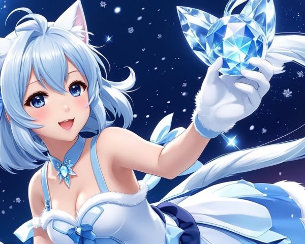 Cheerful anime girl in winter-themed attire and diamonds