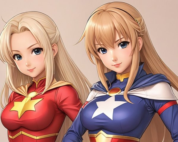 Two female superheroes in colorful costumes side by side
