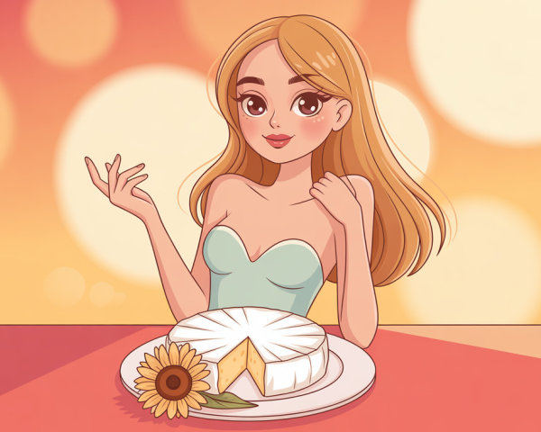Cartoon girl with cheese and sunflower on colorful background