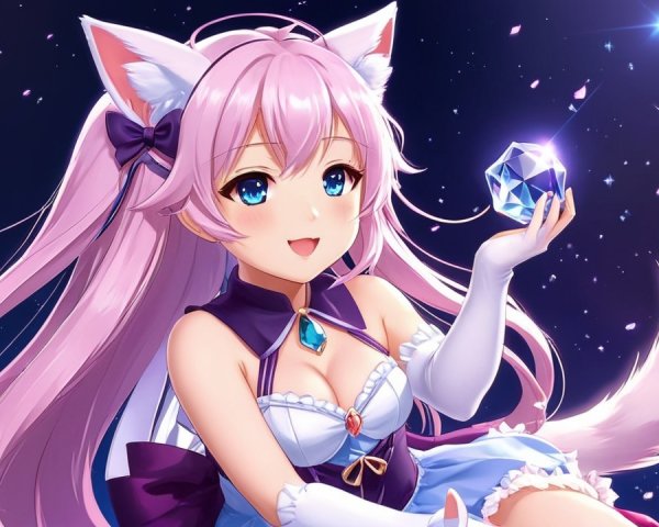 Anime Character with Pink Hair and Cat Ears in Stars